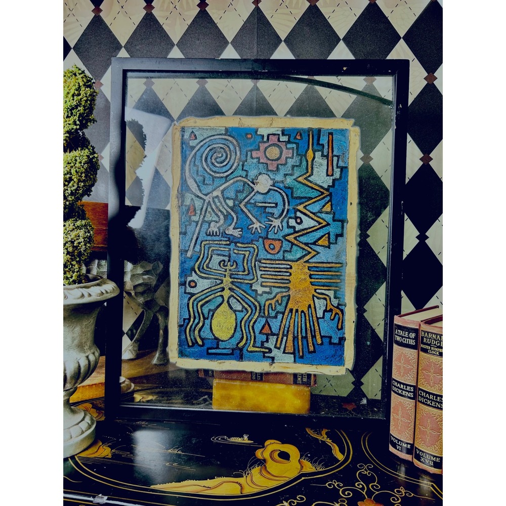 Peruvian Leather Folk Art Framed Paracas Nazca Style Cusco Painting 21x17 - Picture 8 of 17